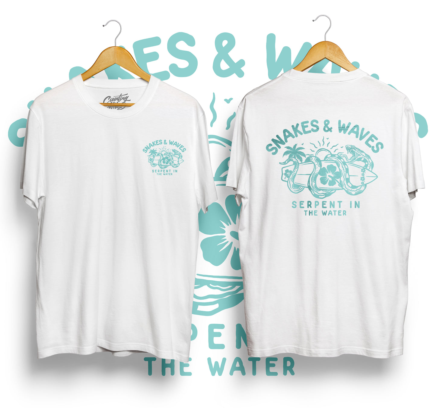 Snake & Waves Tee (White & Aqua)