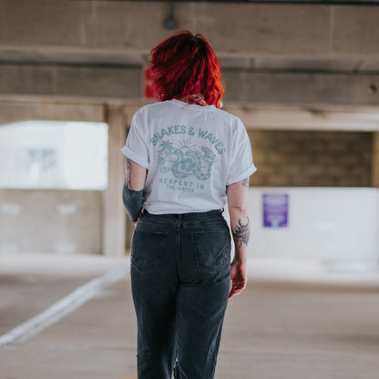 Snake & Waves Tee - White & Aqua