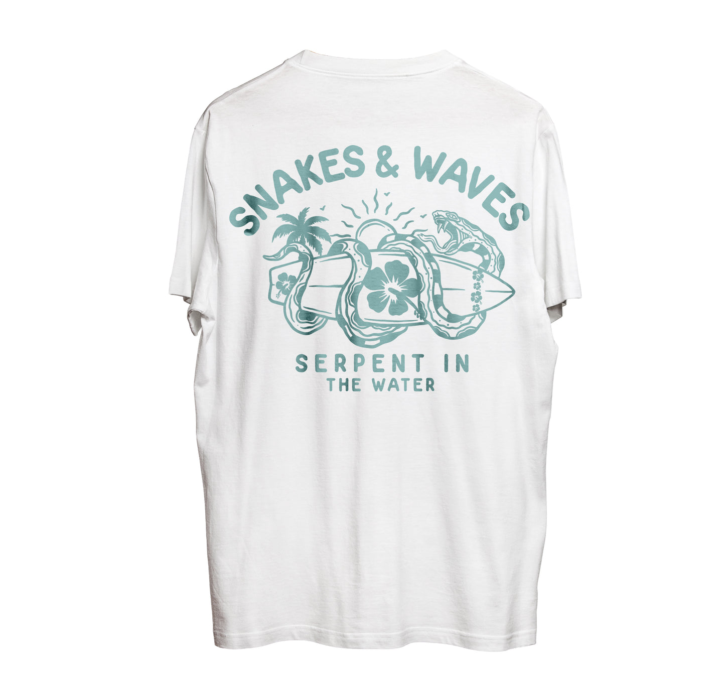 Snake & Waves Tee - White & Aqua