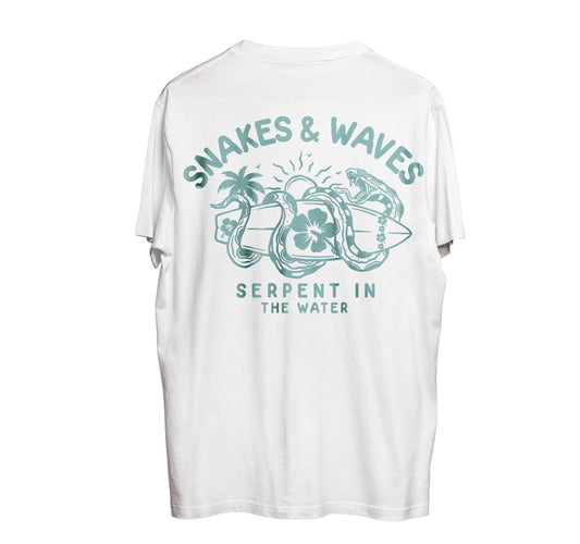 Snake & Waves Tee - White & Aqua