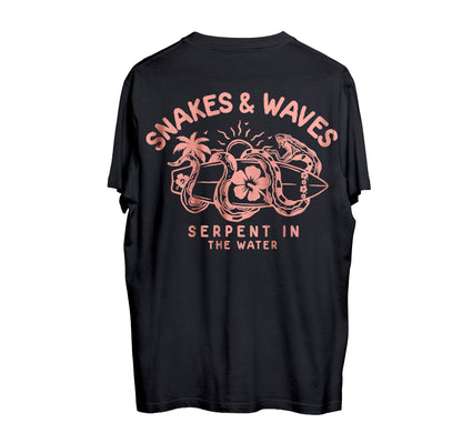 Snake & Waves Tee - Black & Peach